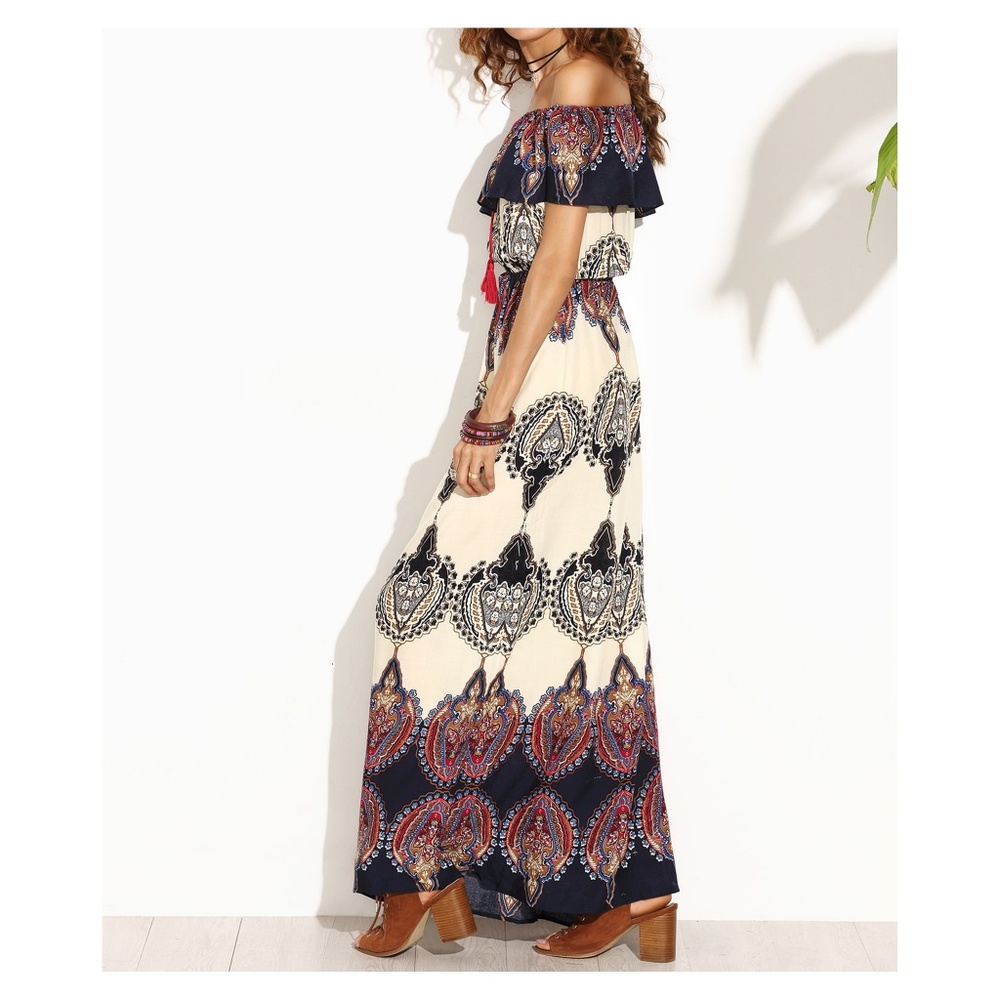 Multicolor Off Shoulder Boho Maxi Dress - Picture 3 of 5